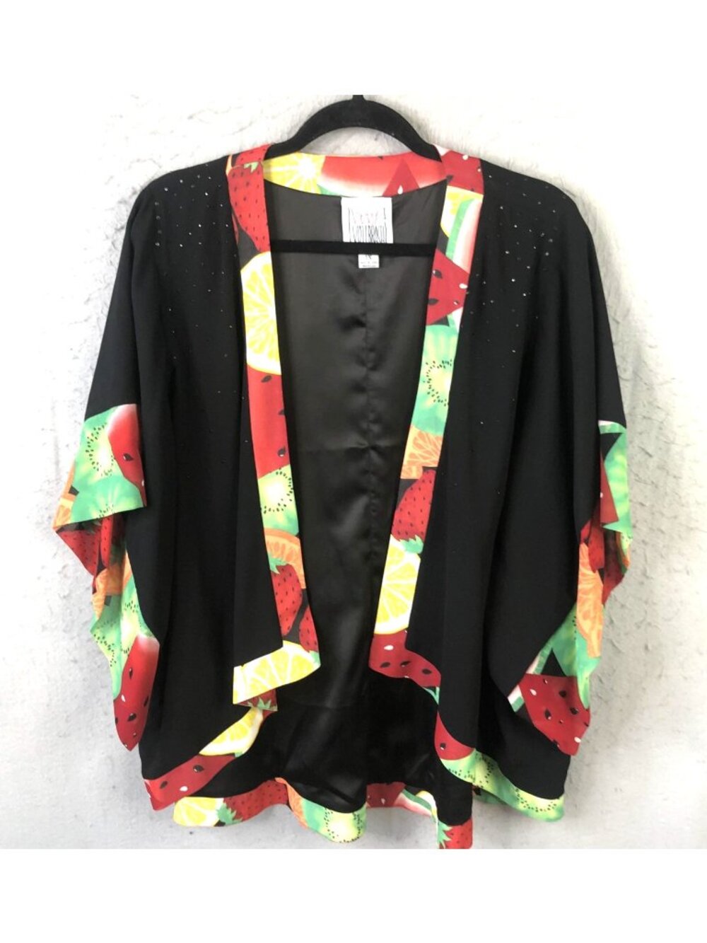 Very Vollbracht Kimono Jacket Womens 1X Black Fruit Print Rhinestone Art To Wear